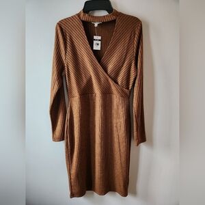 Brown Ribbed Knit Bodycon Midi Dress with Mock V-Neck Size L, BNWT